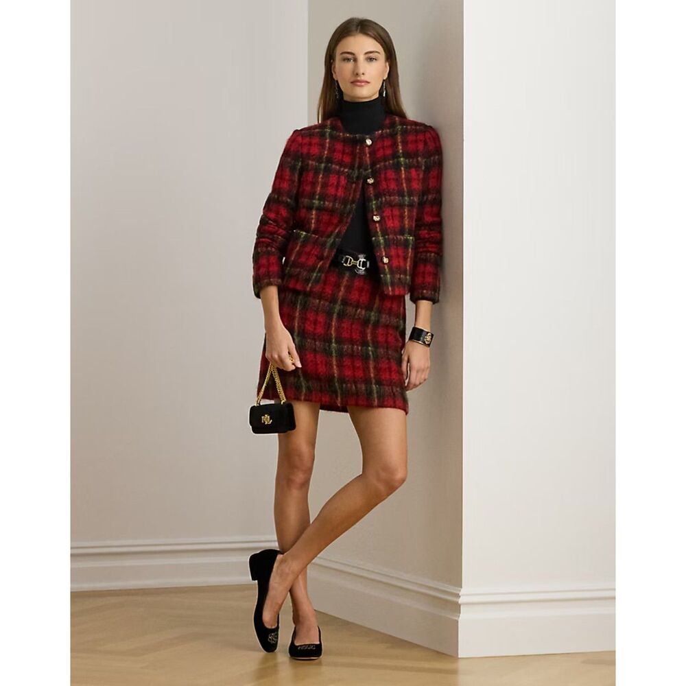 Lauren Ralph Lauren Women Size 10 Red Plaid Mohair Pencil Mini Skirt Preppy NEW - Picture 3 of 16